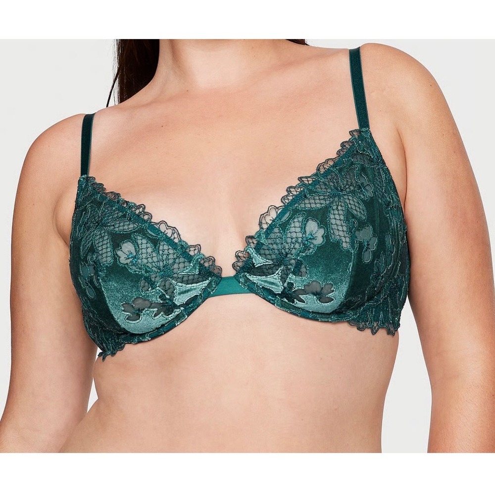 Victoria's Secret Bra Women 36D Green Velvet Lace Very Sexy Low Cut Demi Fairy